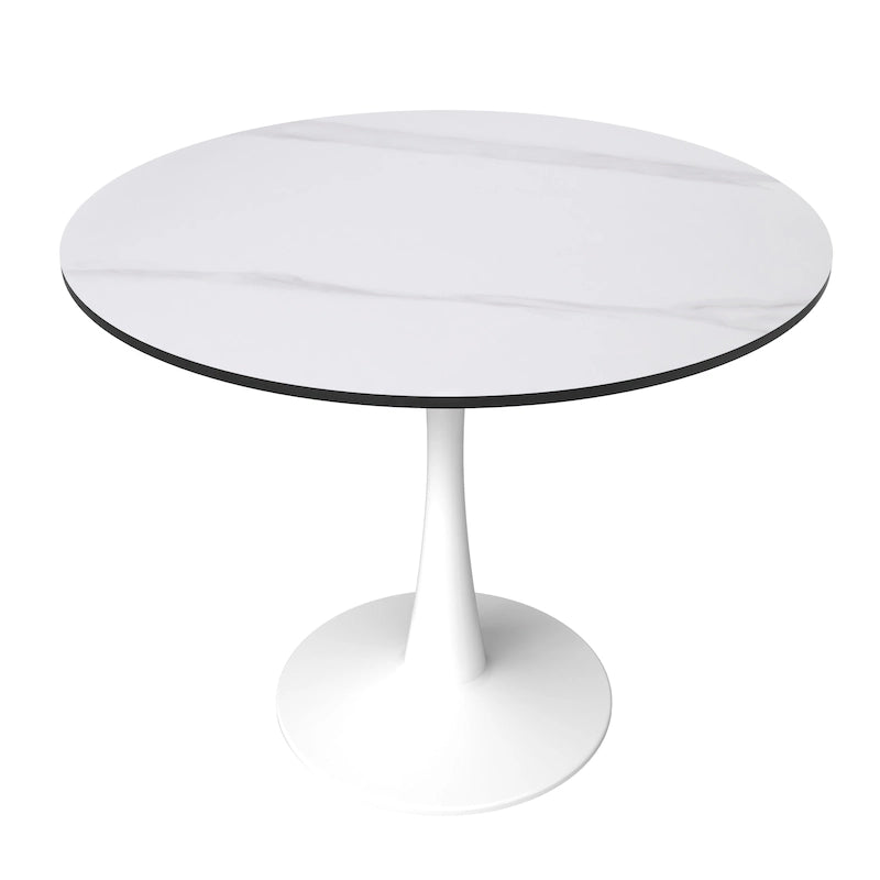 Bristol runder Esstisch für 4 Personen, 89 cm gesinterte Steinplatte mit weißem Edelstahlsockel